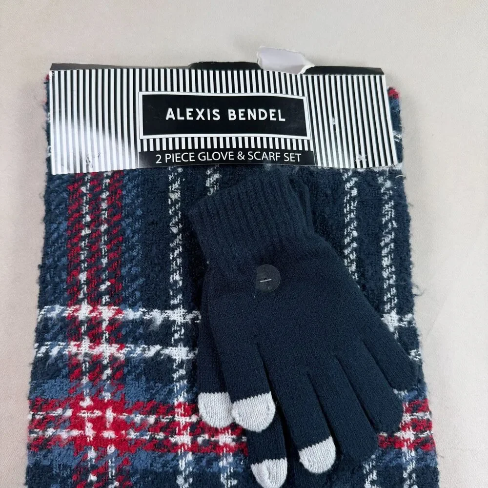 Alexis Bendel Plaid Scarf & Gloves 2 Pc Set Navy Red White Soft Cozy New
